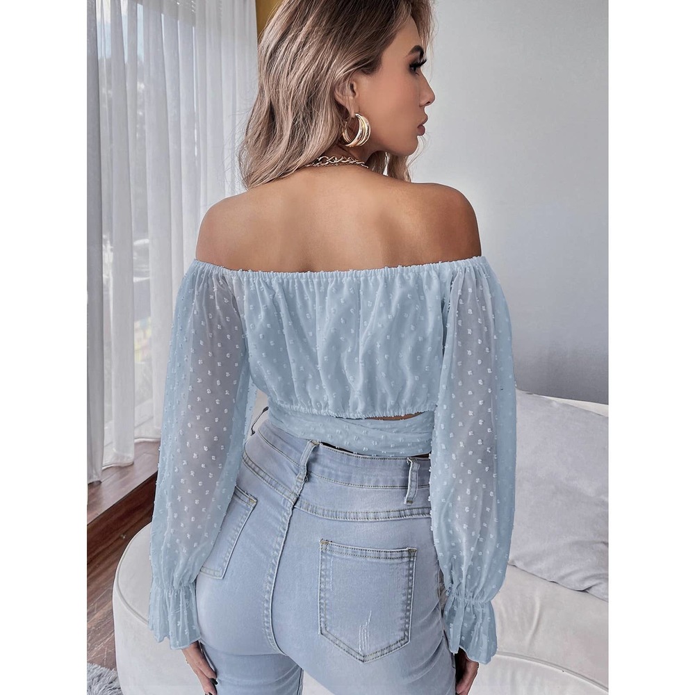Swiss Dot Tie Front Crop Top long sleeve blouse boho white - Picture 6 of 11
